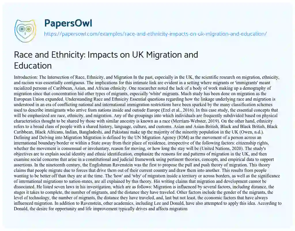 Essay on Race and Ethnicity: Impacts on UK Migration and Education