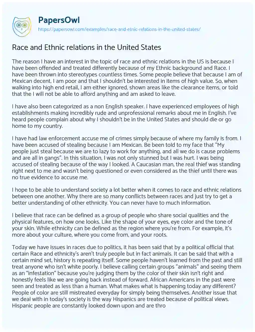 Essay on Race and Ethnic Relations in the United States