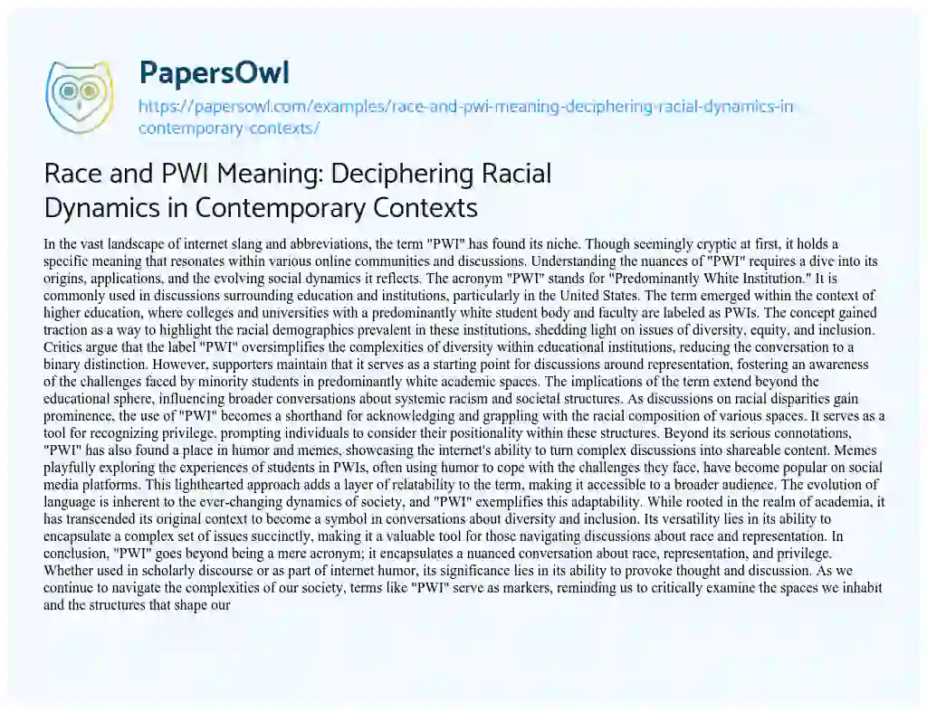 Essay on Race and PWI Meaning: Deciphering Racial Dynamics in Contemporary Contexts