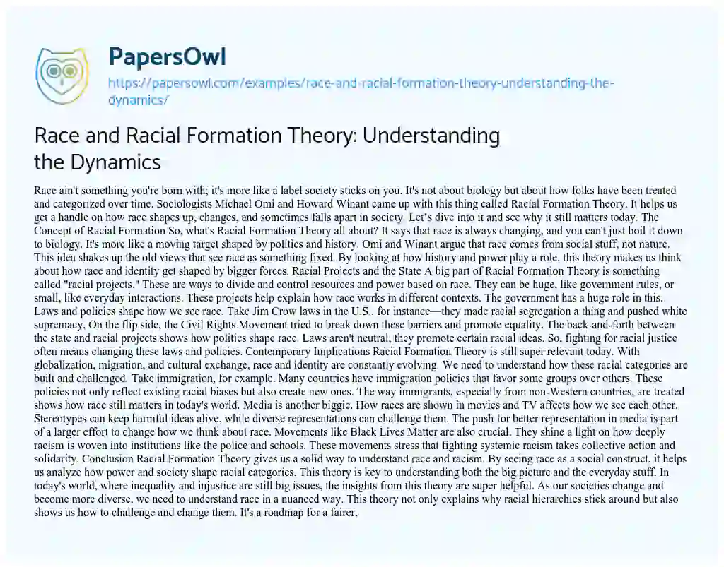 Essay on Race and Racial Formation Theory: Understanding the Dynamics