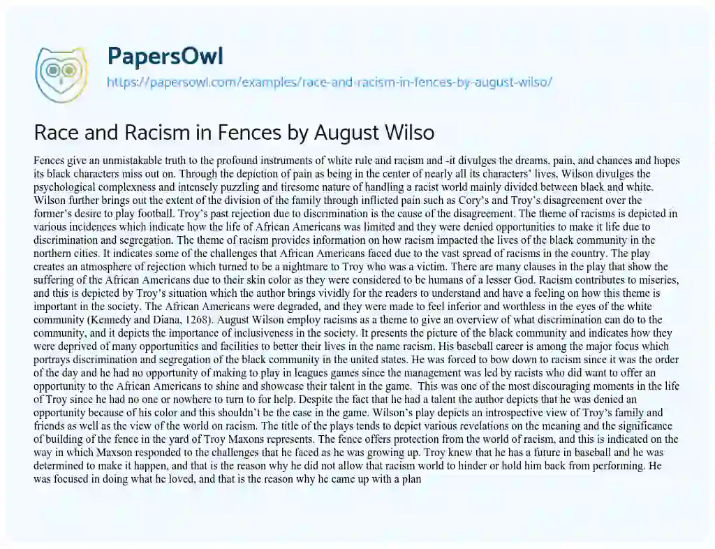 Essay on Race and Racism in Fences by August Wilso