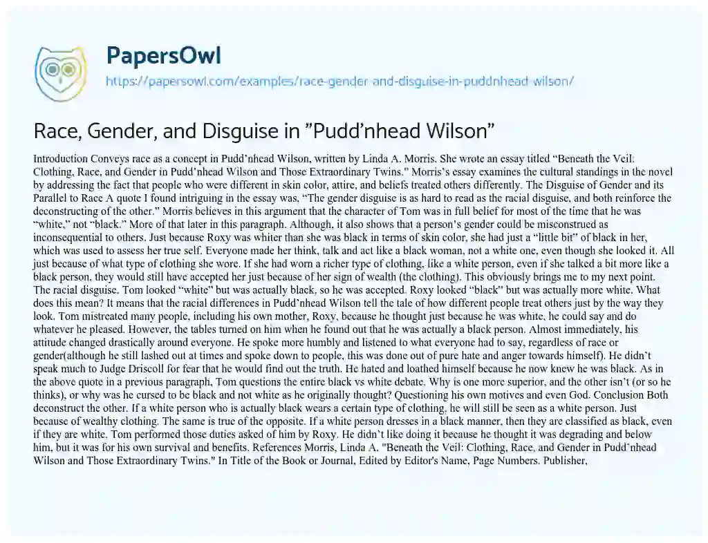 Essay on Race, Gender, and Disguise in “Pudd’nhead Wilson”