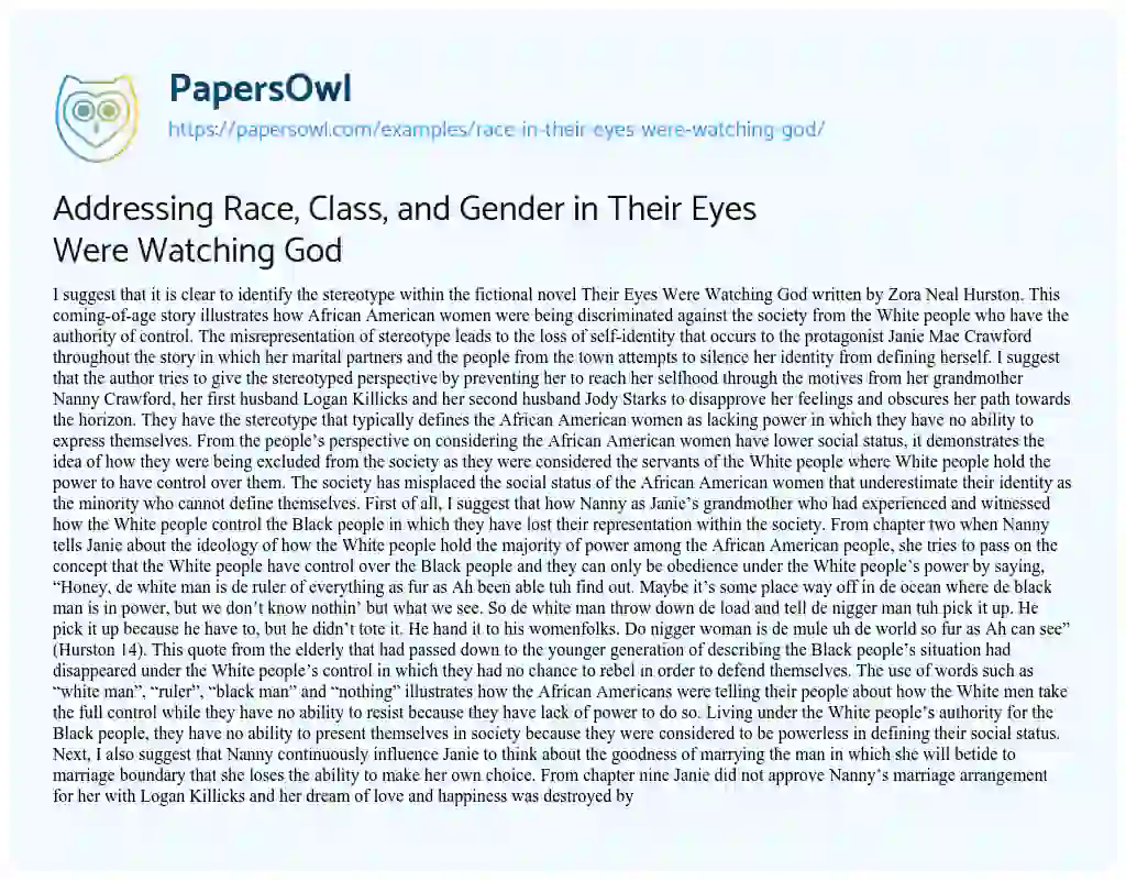 Essay on Addressing Race, Class, and Gender in their Eyes were Watching God