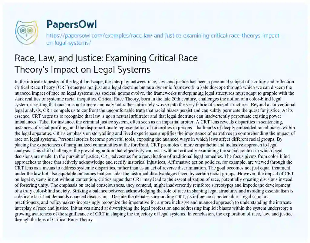 Essay on Race, Law, and Justice: Examining Critical Race Theory’s Impact on Legal Systems