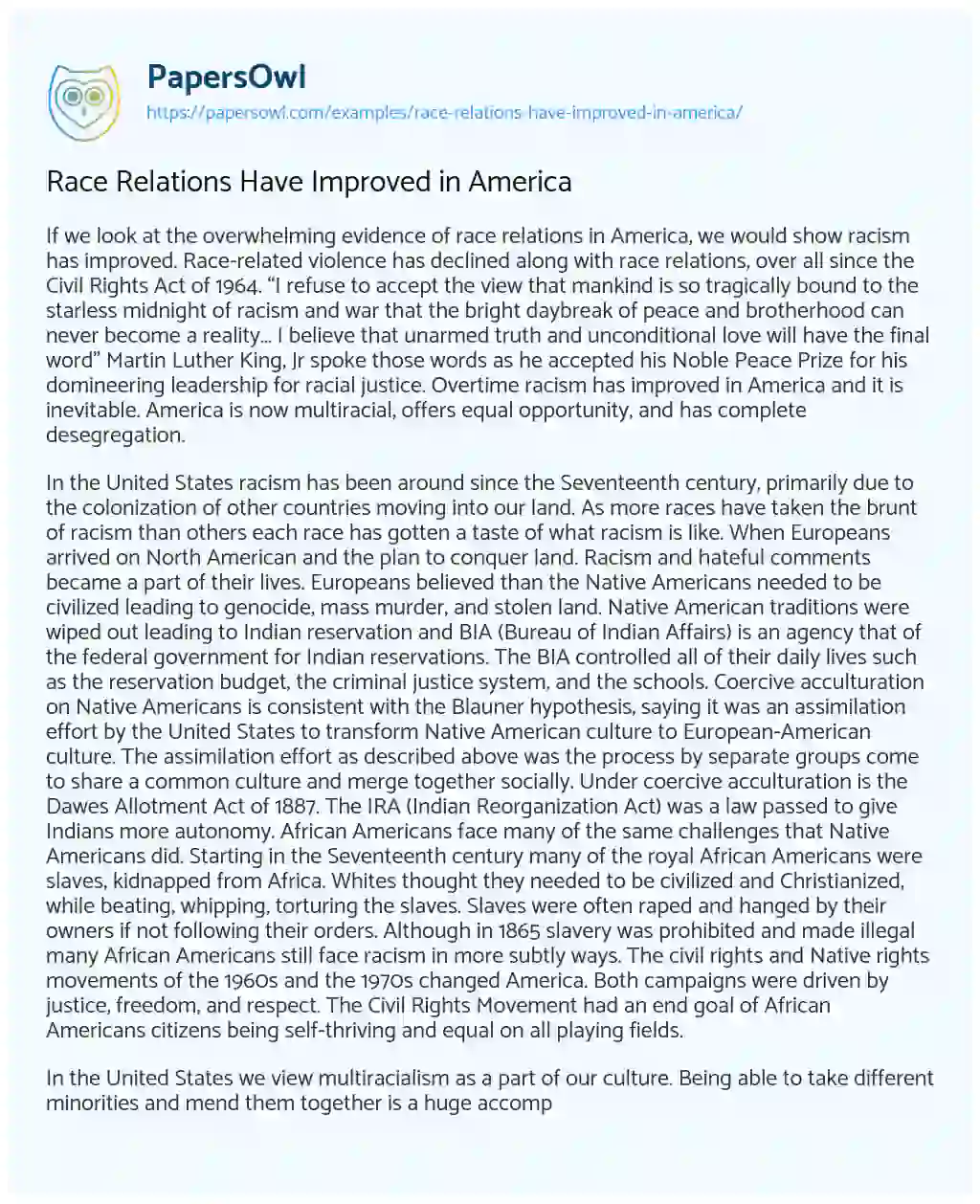 Essay on Race Relations have Improved in America