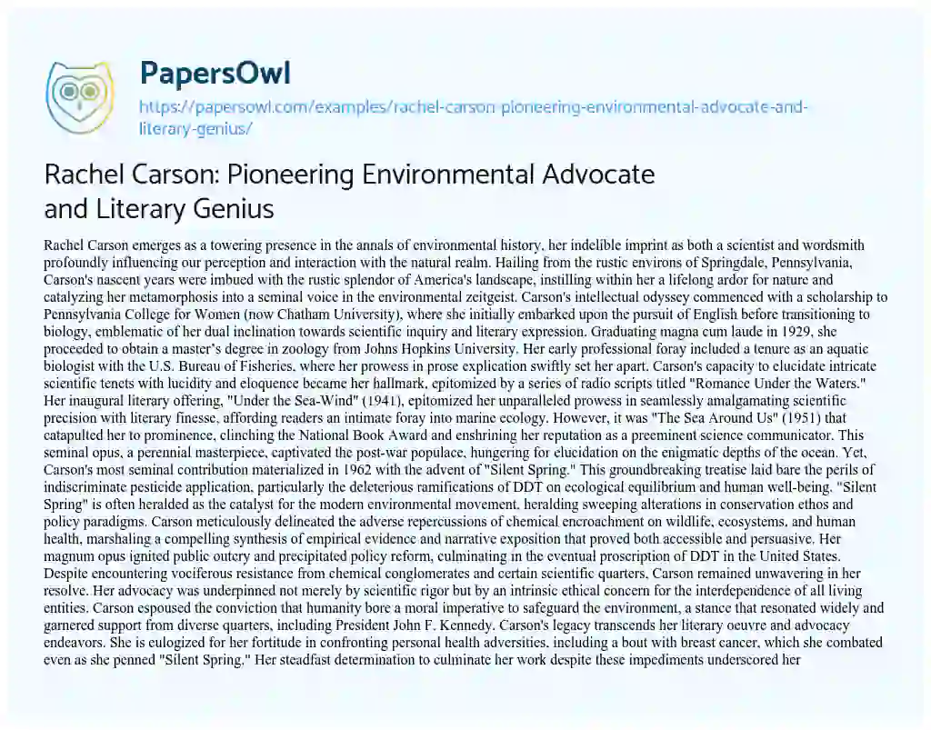 Essay on Rachel Carson: Pioneering Environmental Advocate and Literary Genius