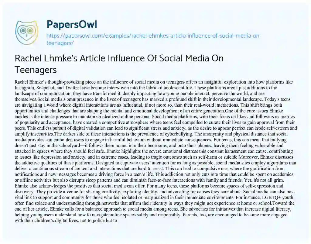 Essay on Rachel Ehmke’s Article Influence of Social Media on Teenagers