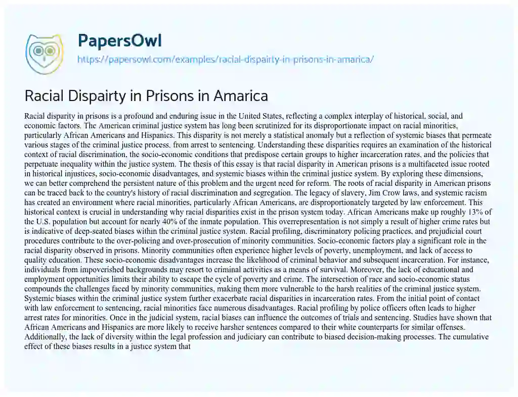 Essay on Racial Dispairty in Prisons in Amarica