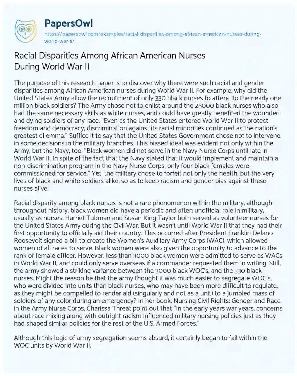Racial Disparities Among African American Nurses during World War II essay