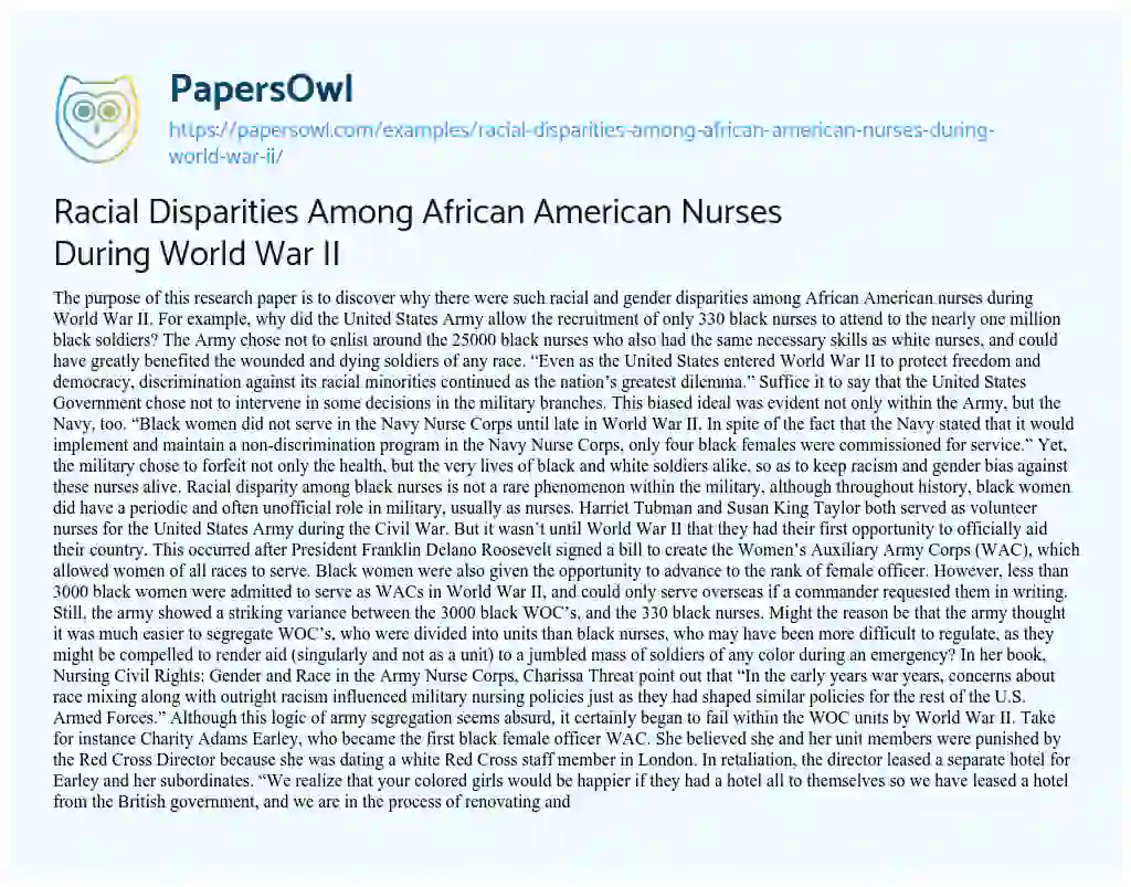 Essay on Racial Disparities Among African American Nurses during World War II