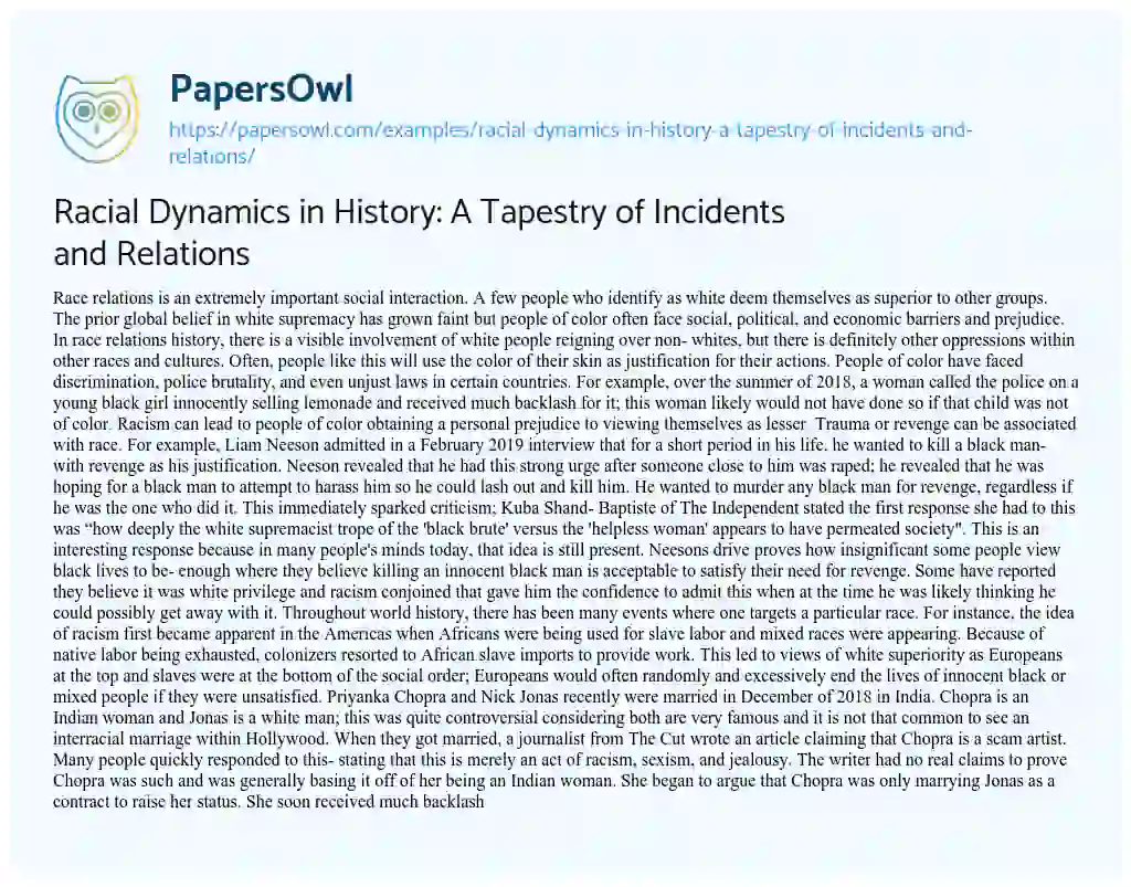 Essay on Racial Dynamics in History: a Tapestry of Incidents and Relations
