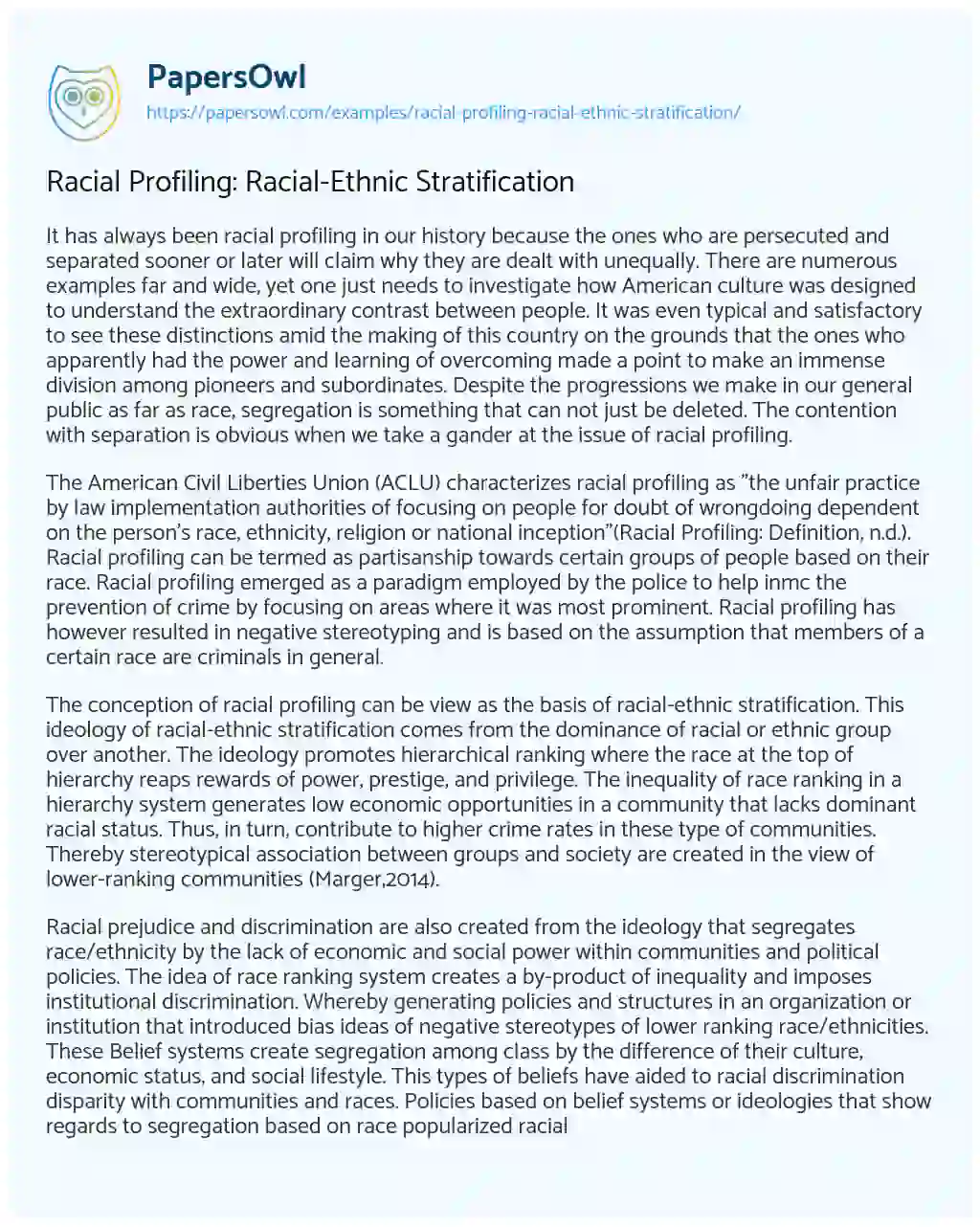 Essay on Racial Profiling: Racial-Ethnic Stratification