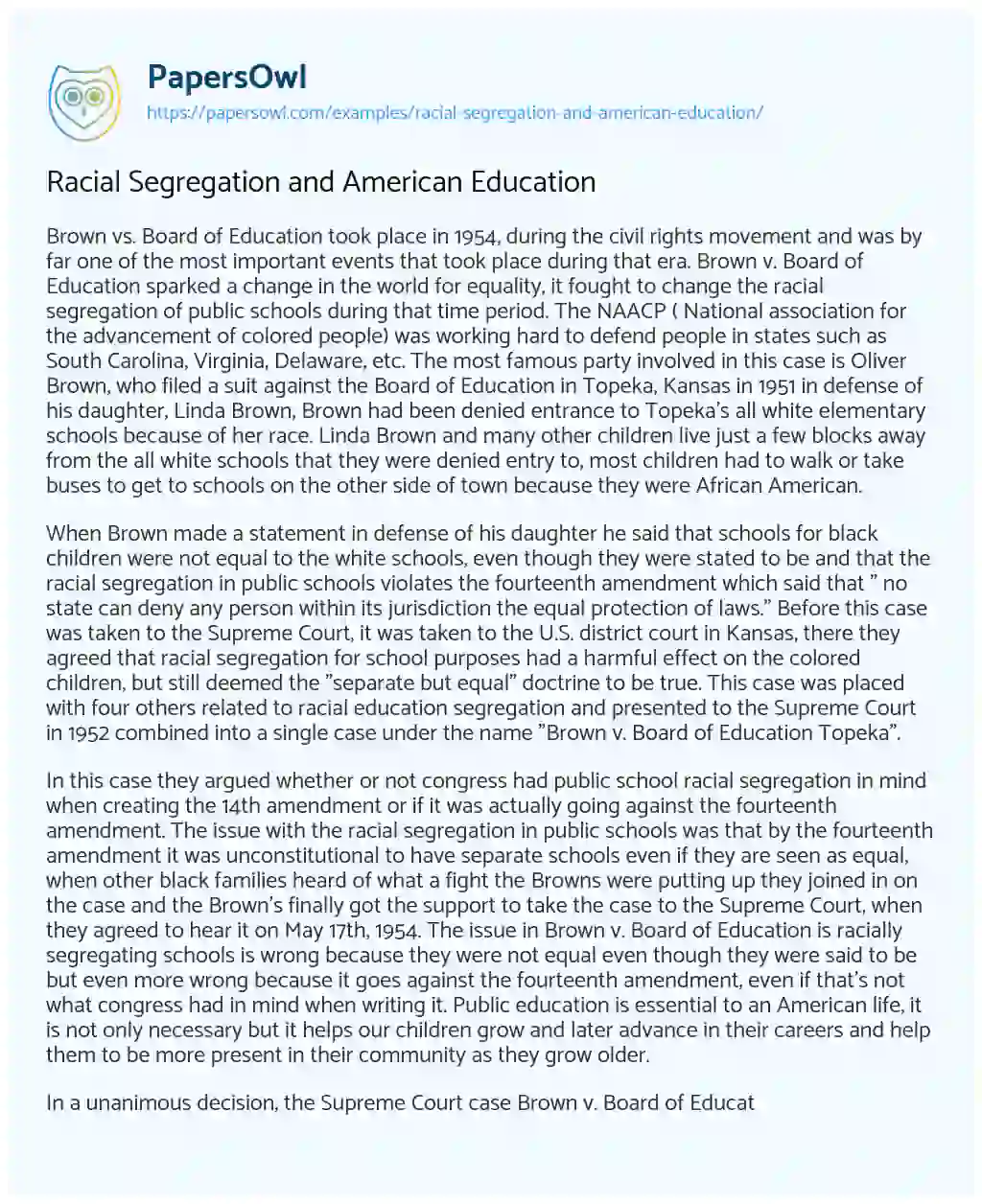 Essay on Racial Segregation and American Education