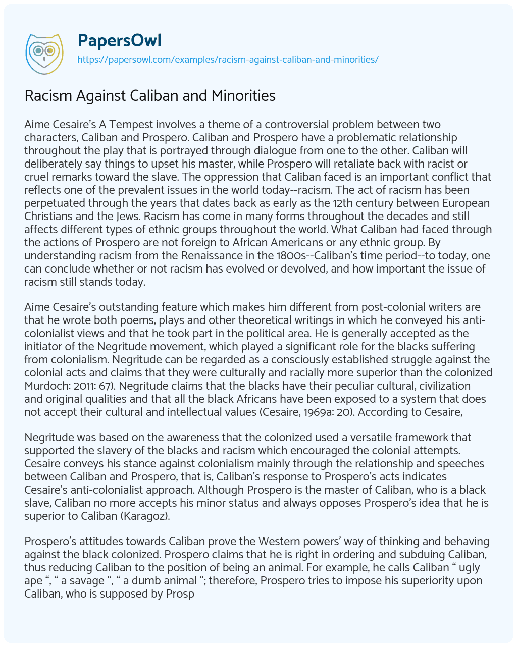 Essay on Racism against Caliban and Minorities