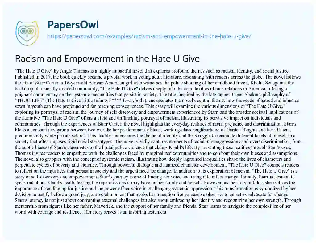 Essay on Racism and Empowerment in the Hate U Give