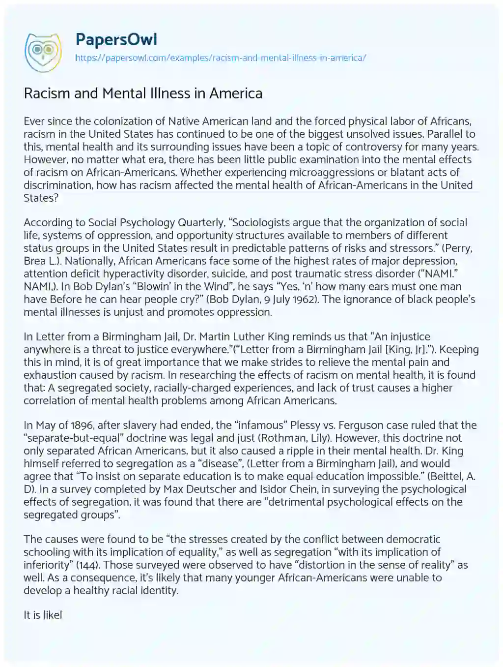 Essay on Racism and Mental Illness in America