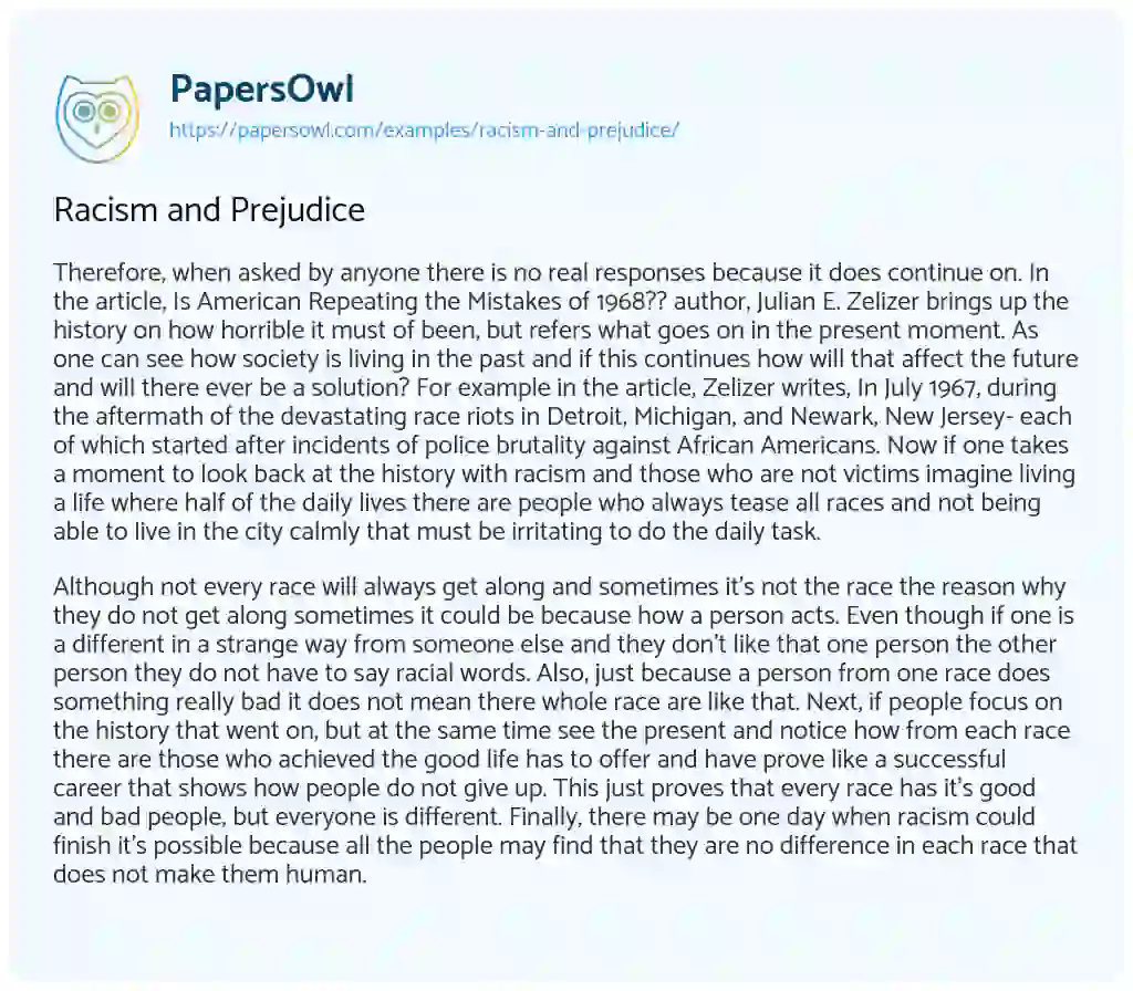 Racism and Prejudice - Free Essay Example - 352 Words | PapersOwl.com