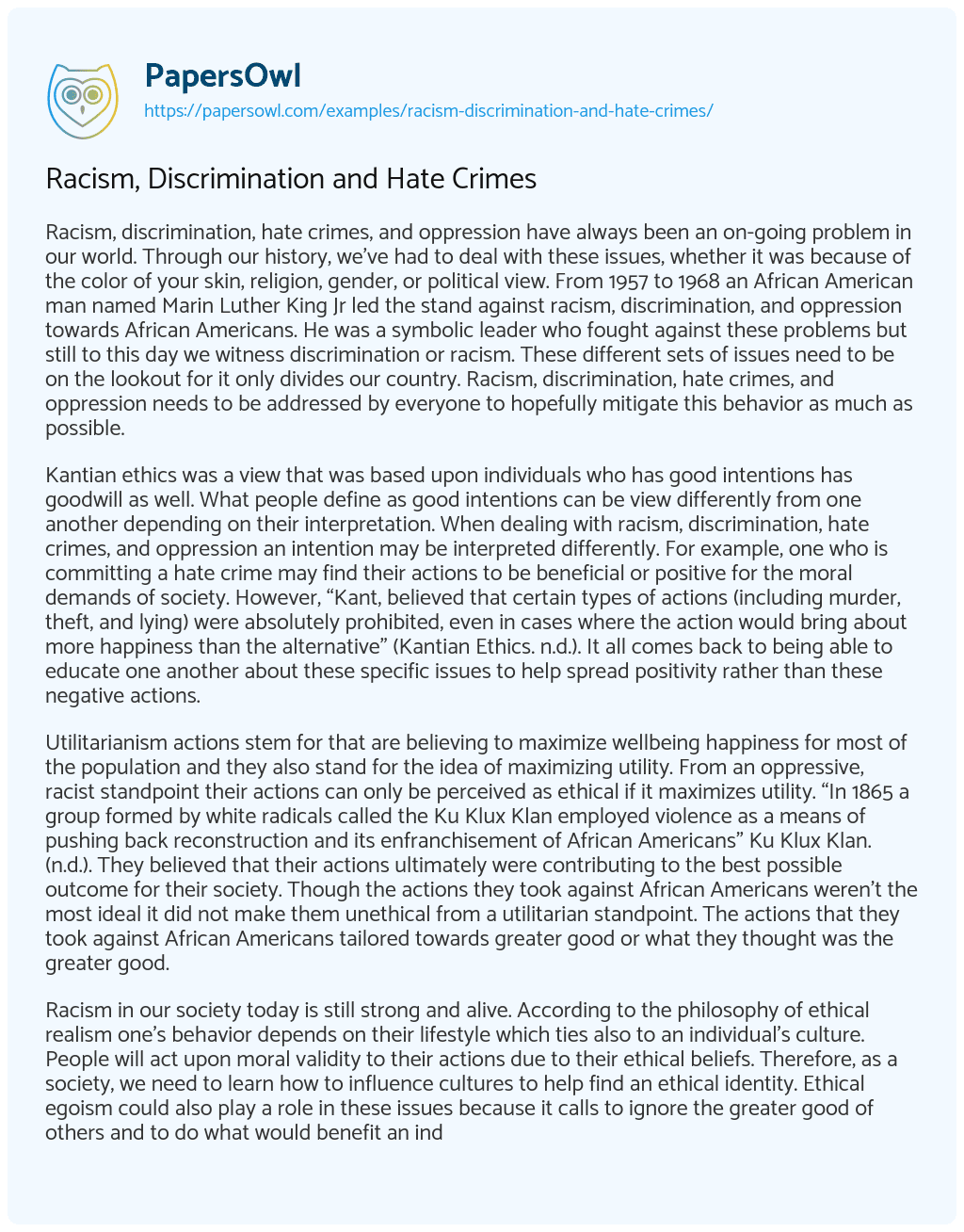 Essay on Racism, Discrimination and Hate Crimes