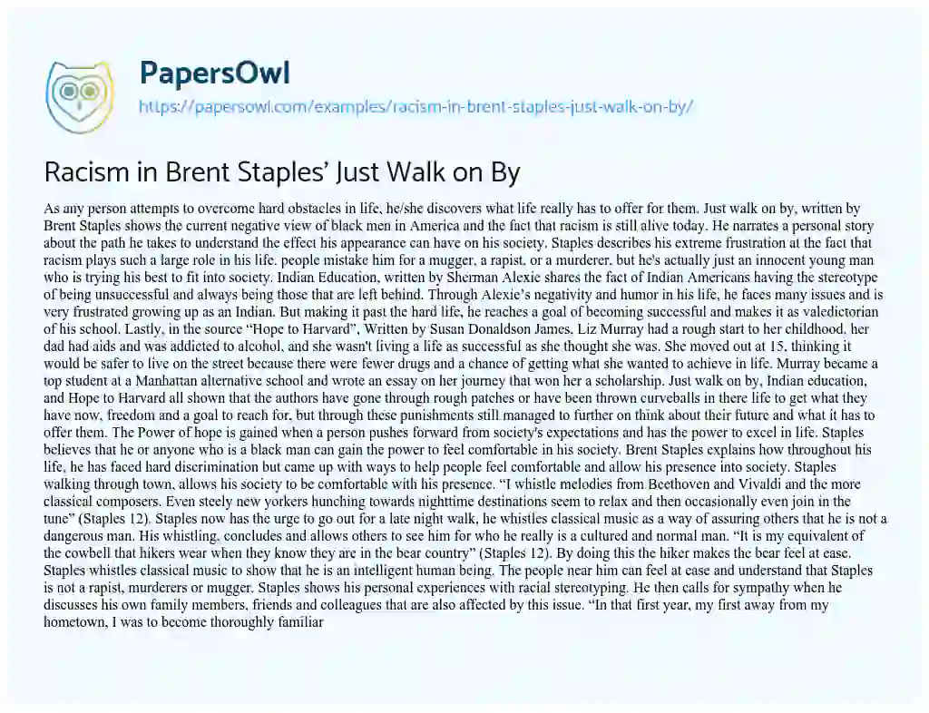 Essay on Racism in Brent Staples’ Just Walk on by