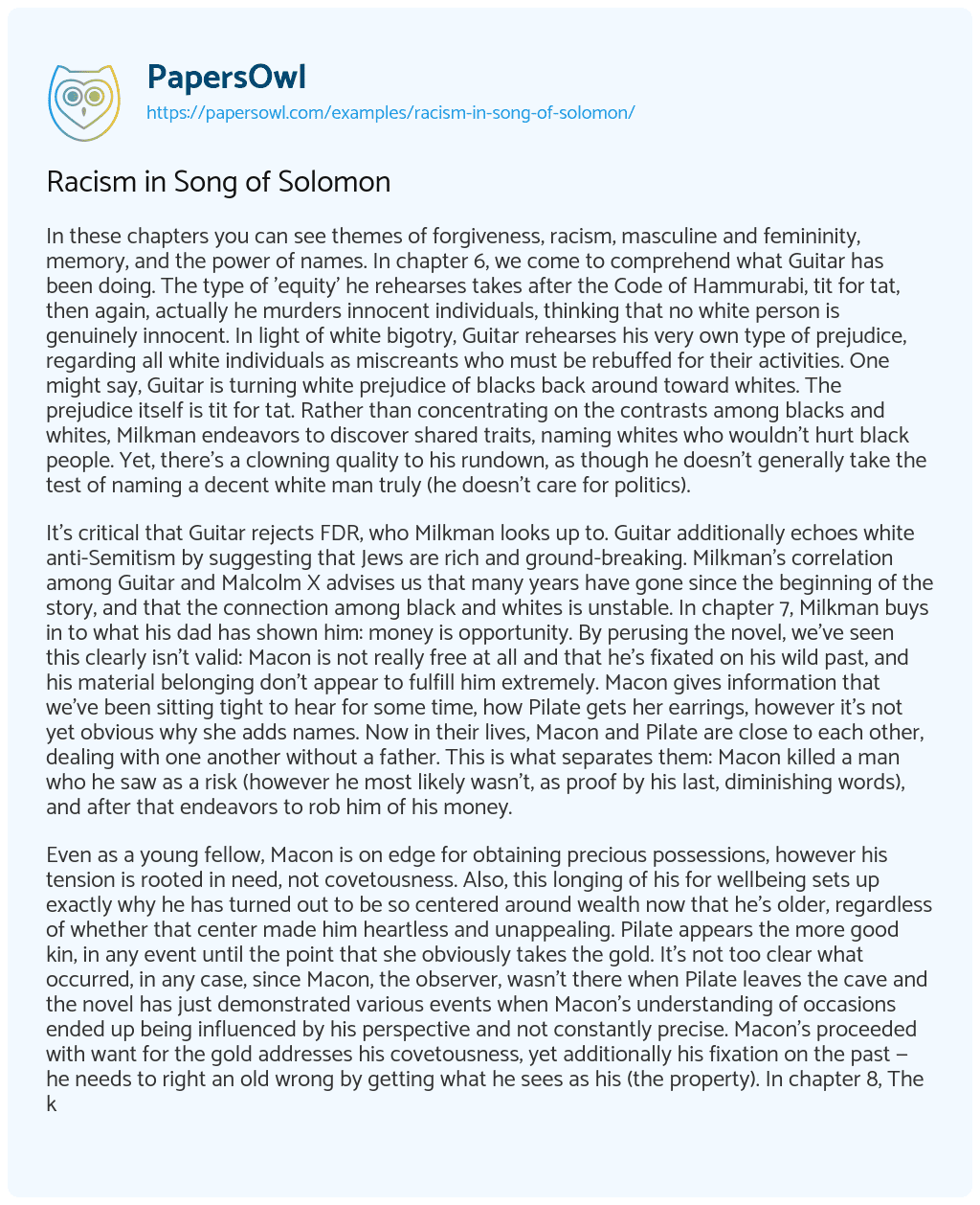 Essay on Racism in Song of Solomon