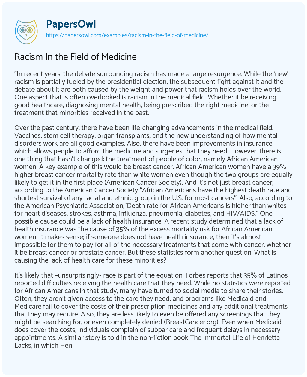 Essay on Racism in the Field of Medicine