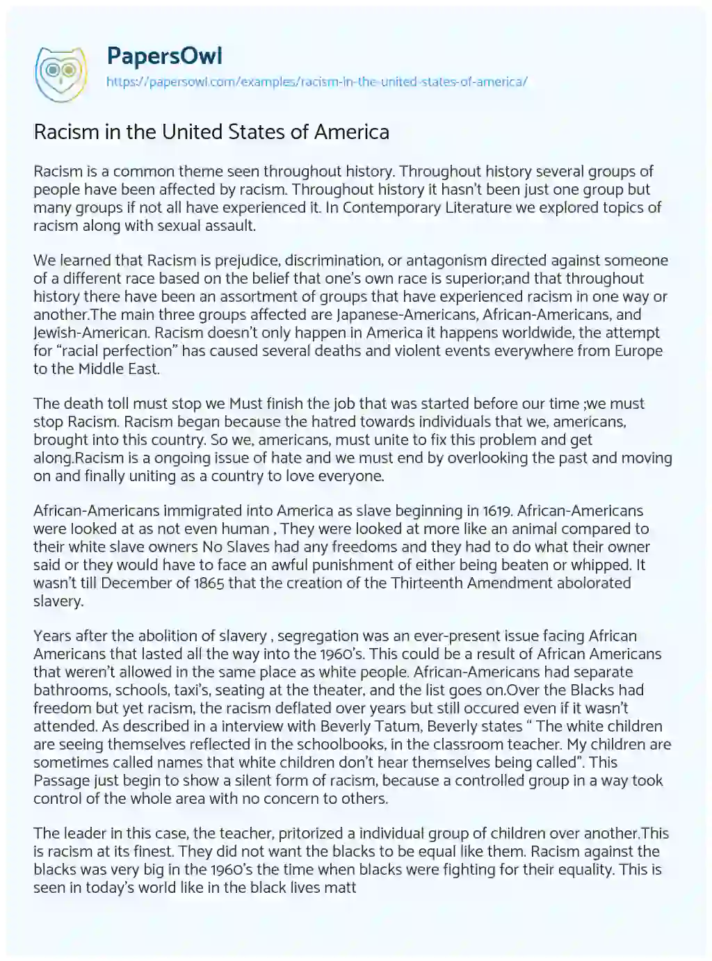 Essay on Racism in the United States of America