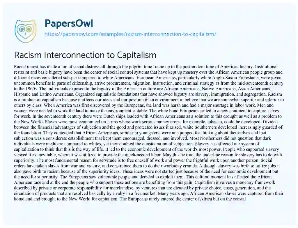 Essay on Racism Interconnection to Capitalism