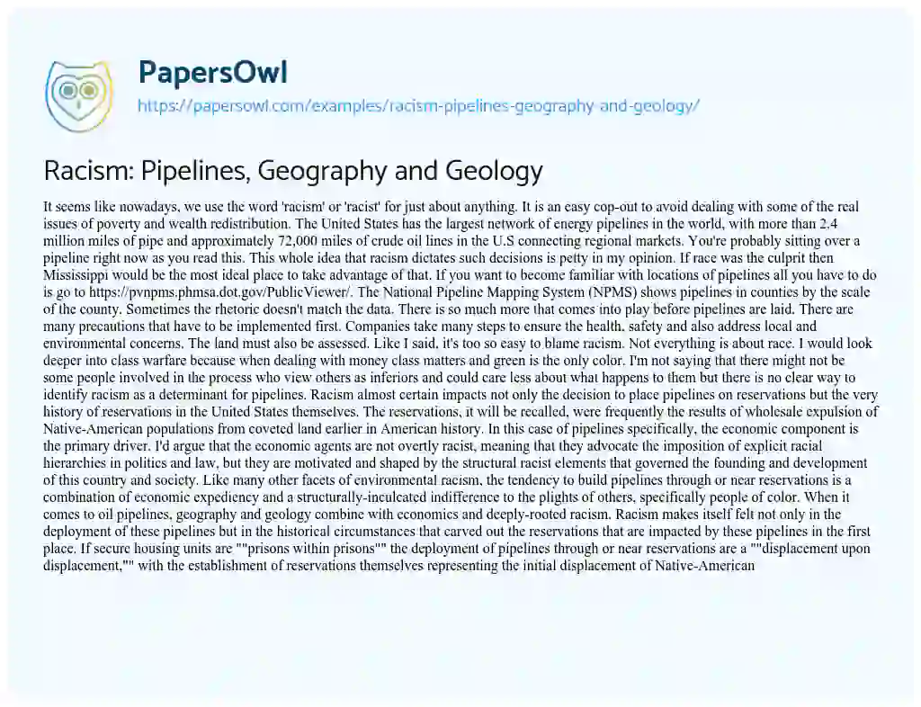 Essay on Racism: Pipelines, Geography and Geology