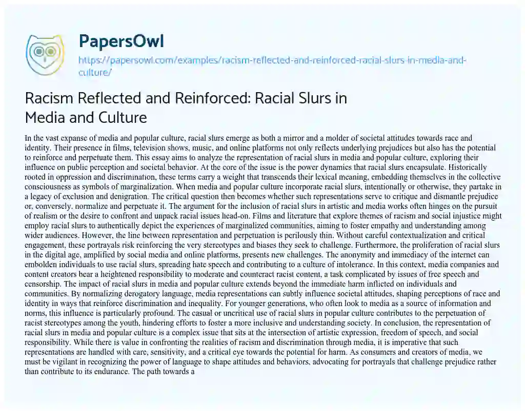 Essay on Racism Reflected and Reinforced: Racial Slurs in Media and Culture