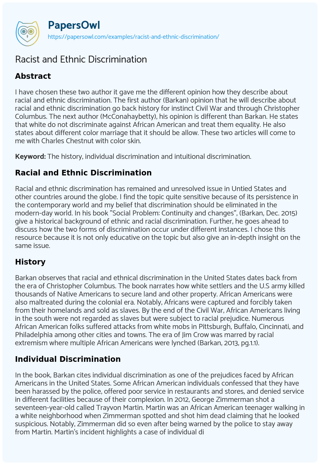 Essay on Racist and Ethnic Discrimination