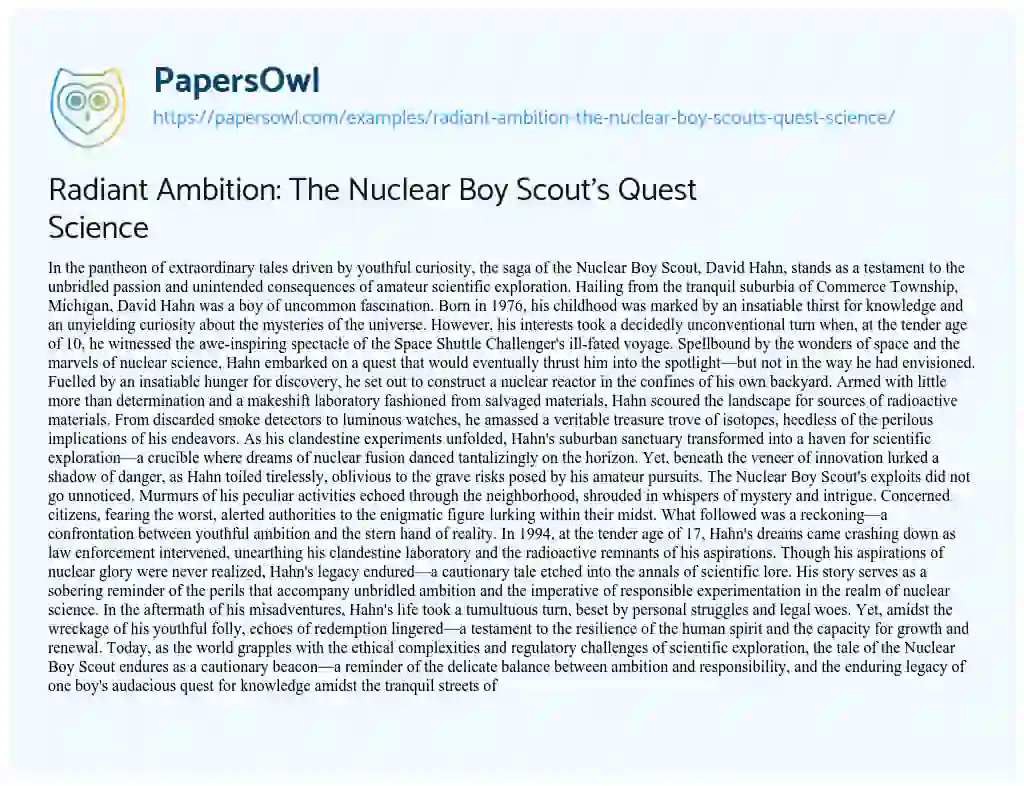Essay on Radiant Ambition: the Nuclear Boy Scout’s Quest Science