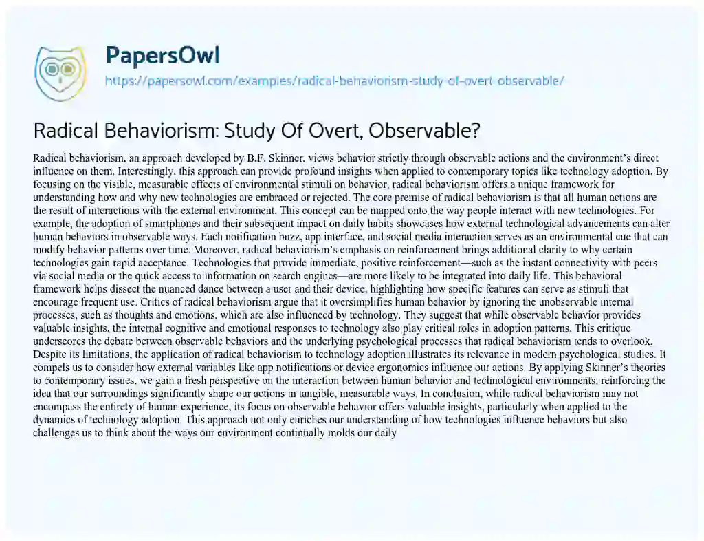 Essay on Radical Behaviorism: Study of Overt, Observable?