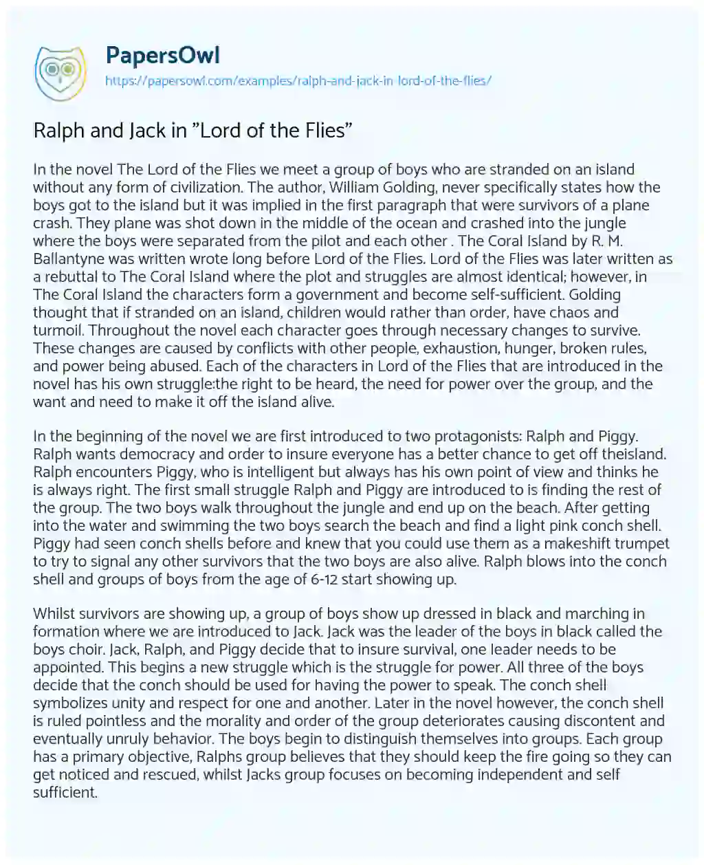 Essay on Ralph and Jack in “Lord of the Flies”