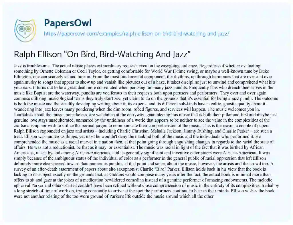 Ralph Ellison “On Bird, Bird-Watching and Jazz” essay