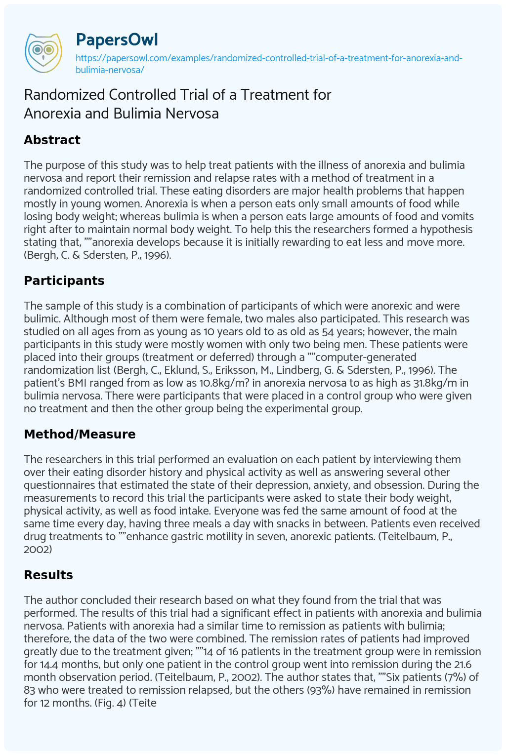 Essay on Randomized Controlled Trial of a Treatment for Anorexia and Bulimia Nervosa