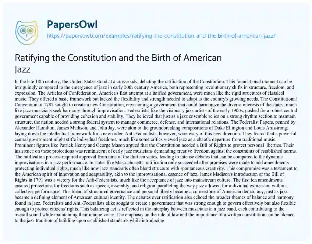Essay on Ratifying the Constitution and the Birth of American Jazz