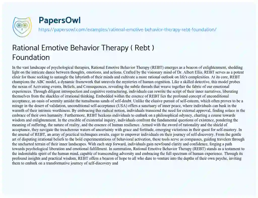 Essay on Rational Emotive Behavior Therapy ( Rebt ) Foundation
