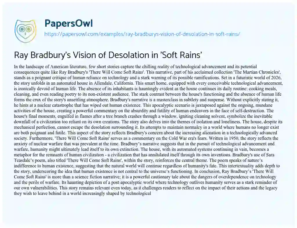 Essay on Ray Bradbury’s Vision of Desolation in ‘Soft Rains’