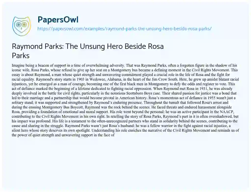Essay on Raymond Parks: the Unsung Hero Beside Rosa Parks