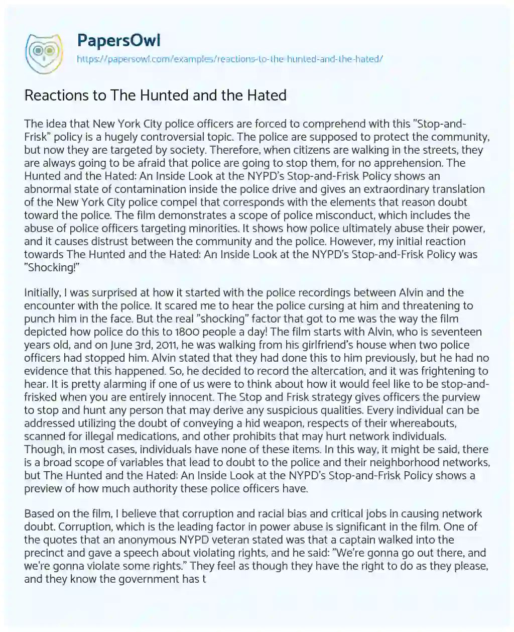 Essay on Reactions to the Hunted and the Hated