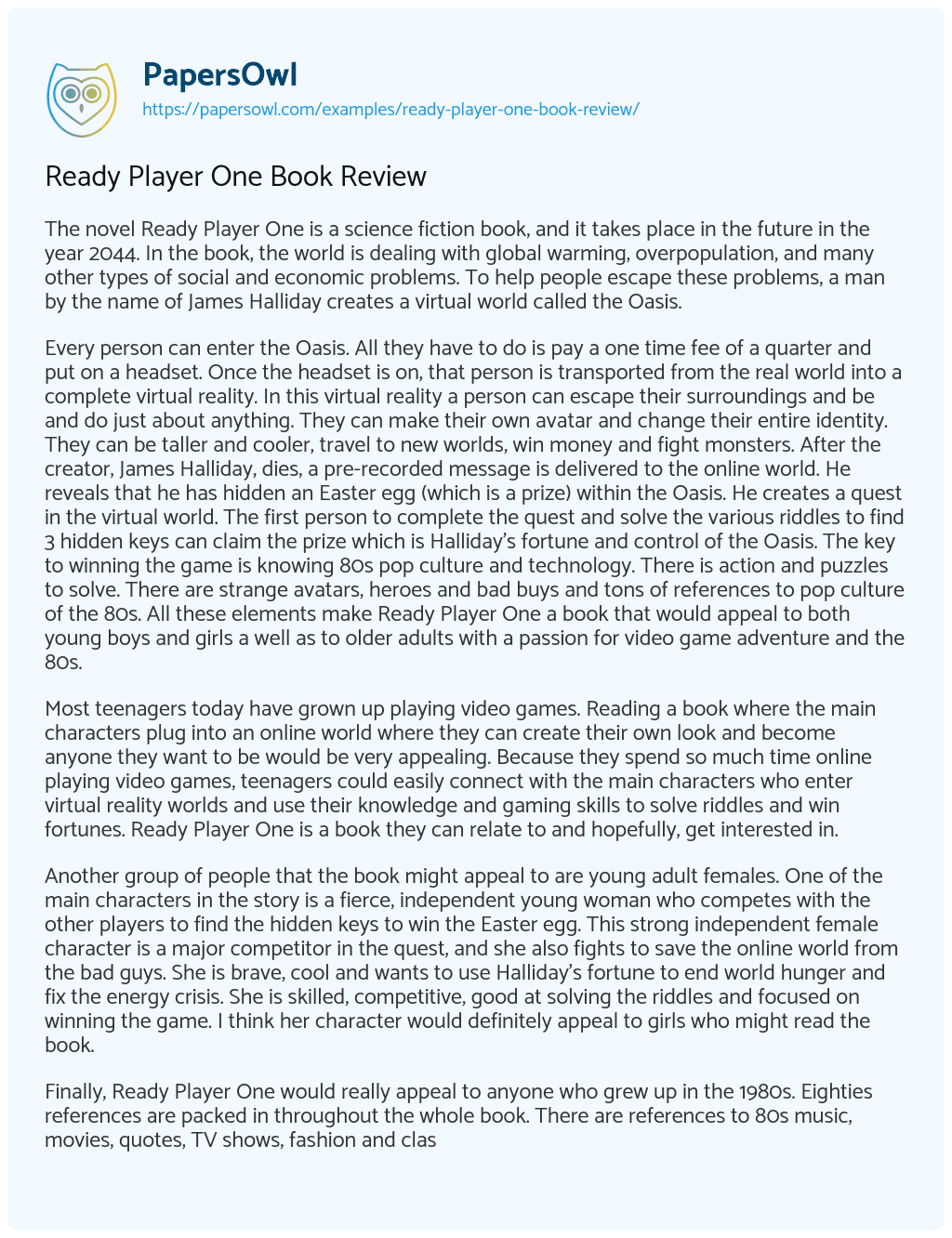 Essay on Ready Player One Book Review