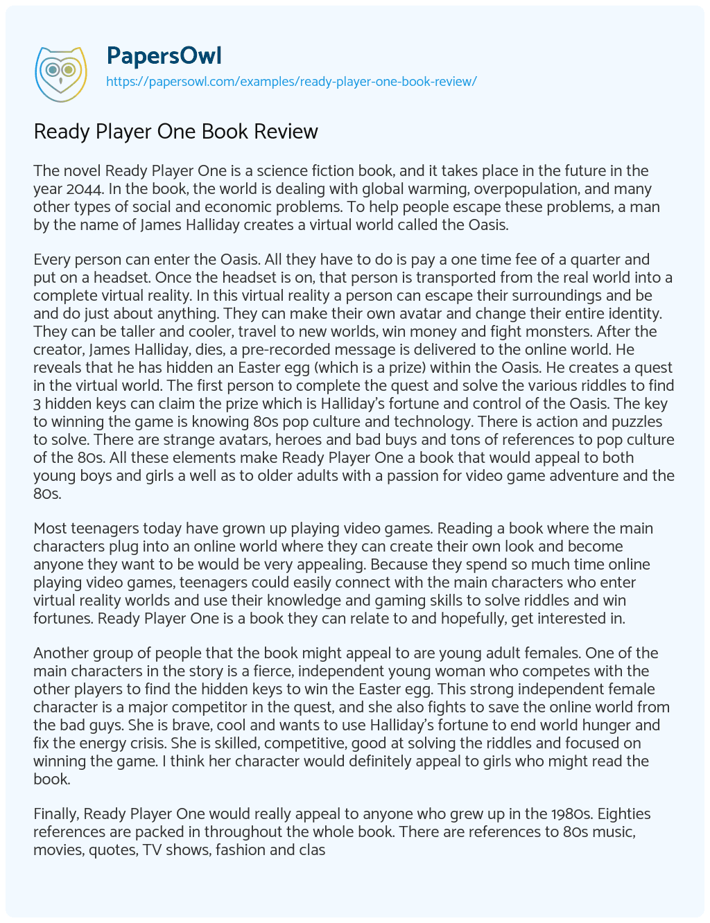 Main Ideas of Ready Player One Novel: [Essay Example], 2935 words  GradesFixer