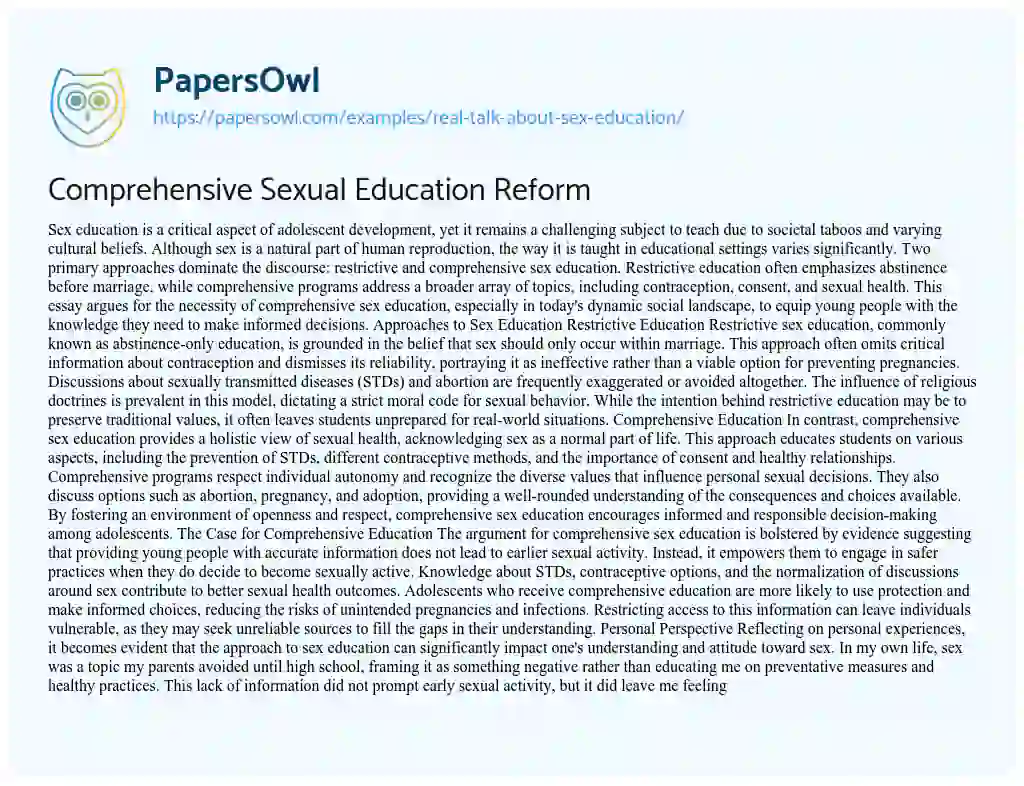 Essay on Real Talk about Sex Education