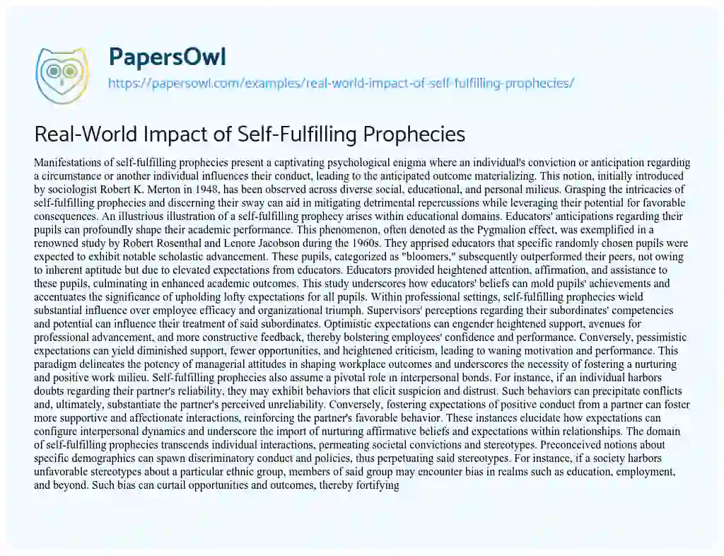 Essay on Real-World Impact of Self-Fulfilling Prophecies