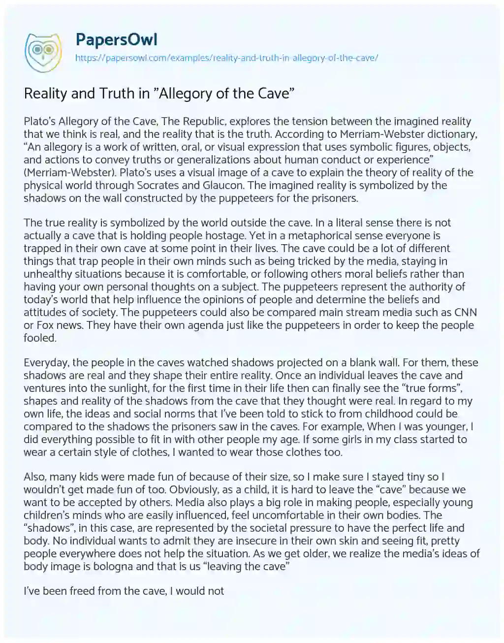 Essay on Reality and Truth in “Allegory of the Cave”