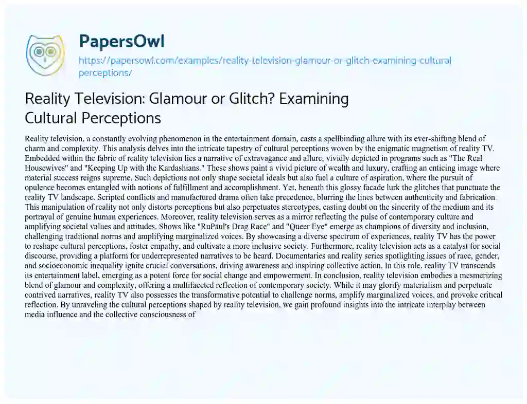 Essay on Reality Television: Glamour or Glitch? Examining Cultural Perceptions