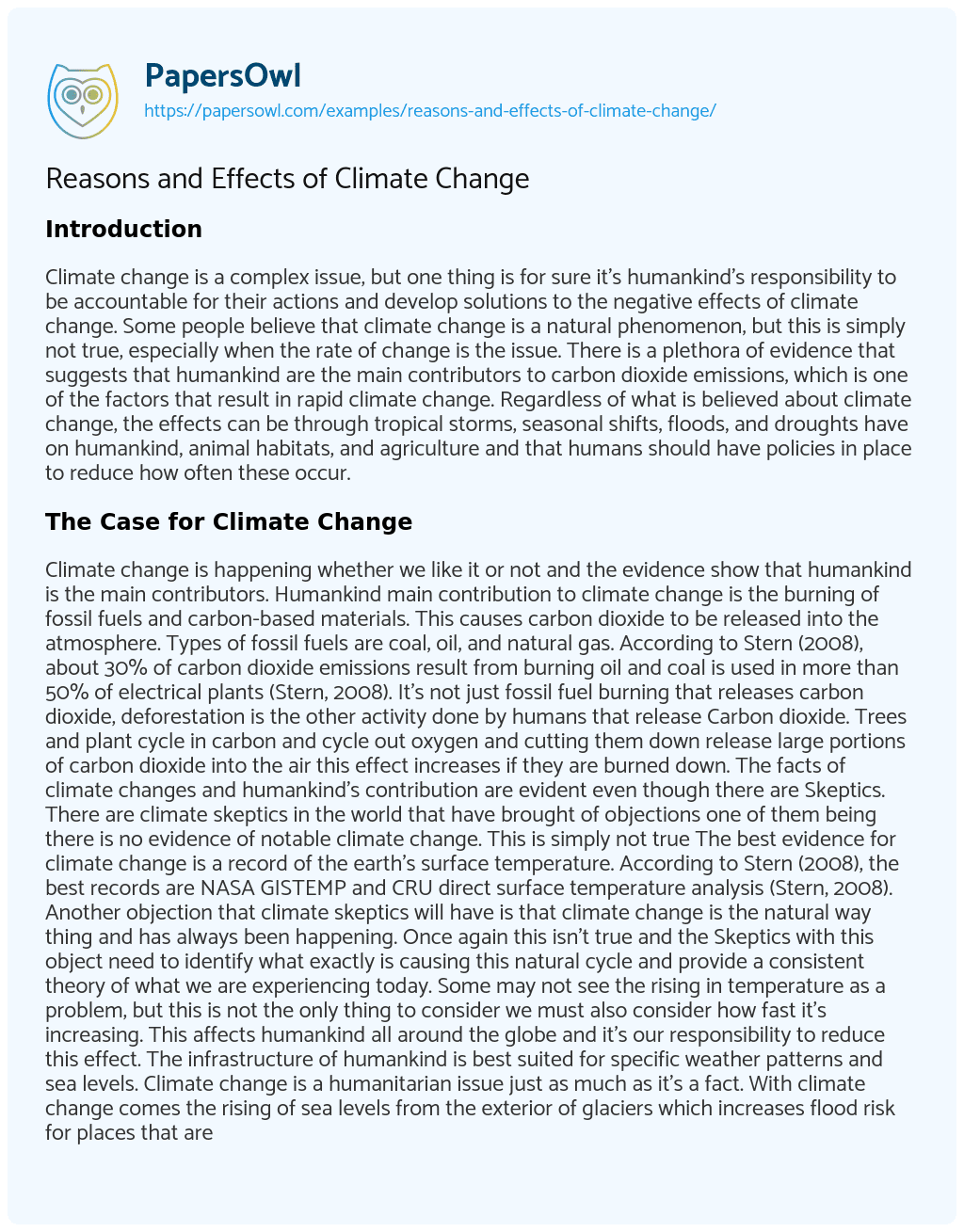 Essay on Reasons and Effects of Climate Change