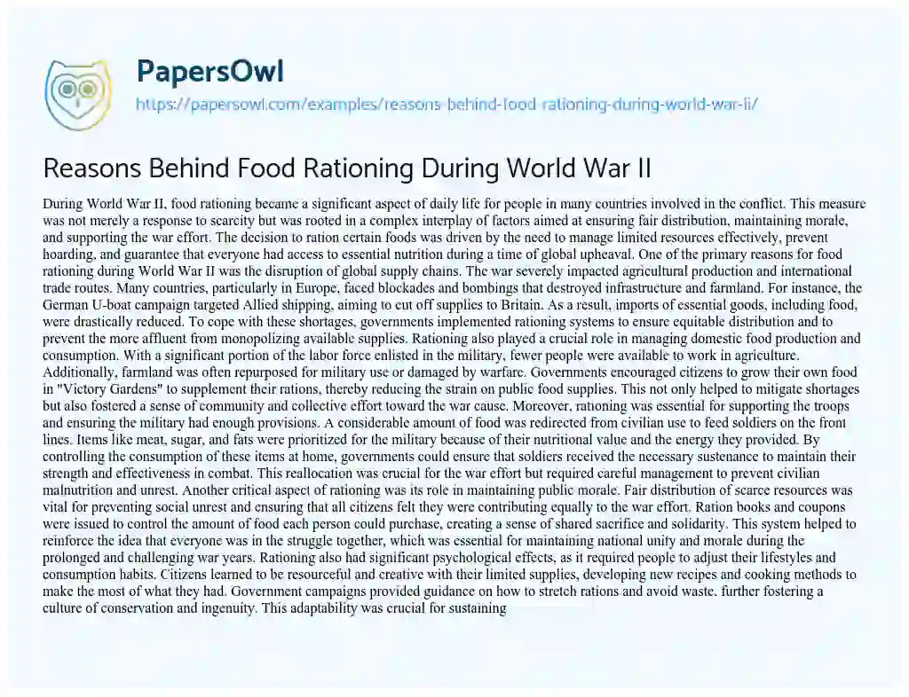 Essay on Reasons Behind Food Rationing during World War II