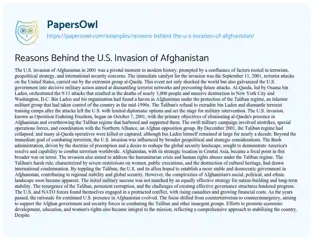 Essay on Reasons Behind the U.S. Invasion of Afghanistan