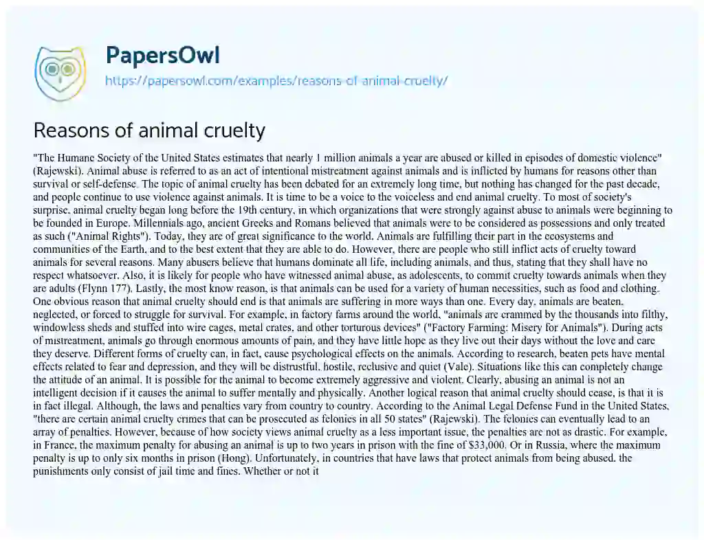 Essay on Reasons of Animal Cruelty